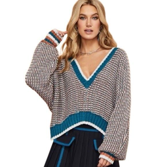 NWT Ramy Brook Larson Metallic Knit V-Neck Sweater Multicolor Size M - Picture 1 of 16
